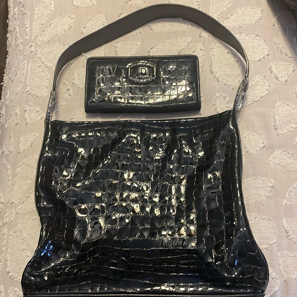 Brighton black patent leather bag. W/ silver hardware. Wallet to match